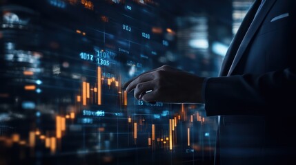 Fototapeta premium Banking business, finance and investment concept. Businessman analyzing market data, financial graph report, economic growth, business strategy, planning and solution, risk management.