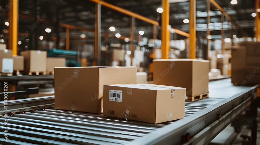 Poster automated warehouse scanned and sorted on conveyor belt for efficient logistics