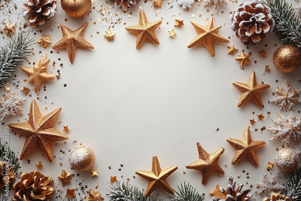 Poster in a rectangular shape, golden sequins are arranged in a star shape.