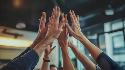 Successful Coworkers High-Fiving to Celebrate Collaborative Achievement in Office