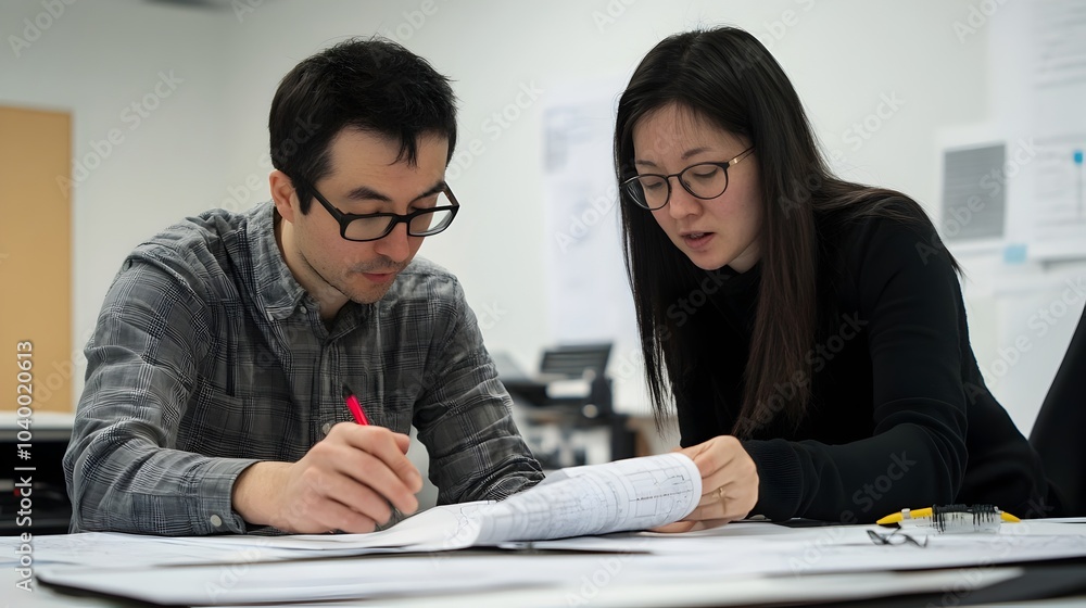 Aufkleber two engineers collaborating on a technical project,analyzing blueprints and data