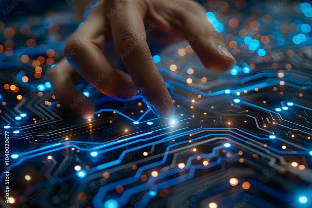 Poster exploring the digital realm: a hand interacting with a circuit board