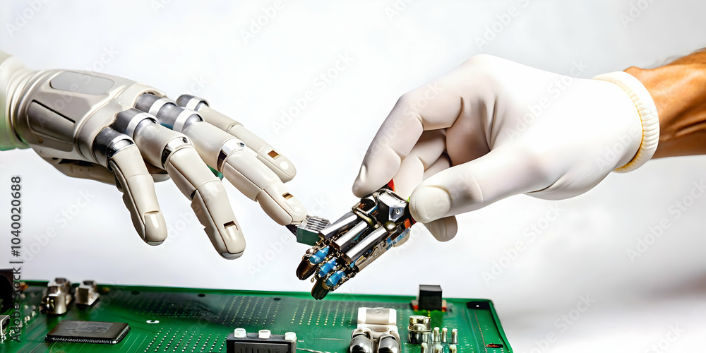 Poster close up human robotic hands assembling circuit board macro shot symbolizing teamwork technological 