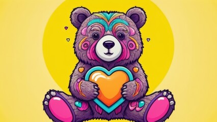 Naklejka premium A cartoon bear sitting on the ground, holding a heart, set against a cheerful yellow background.