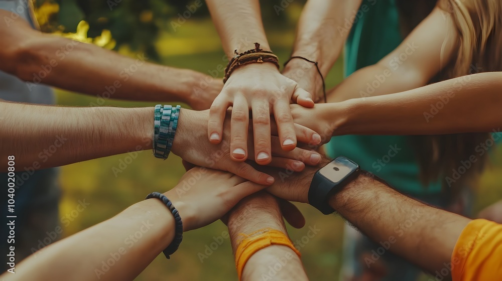 Poster hands stacking together in a sign of unity,teamwork,and