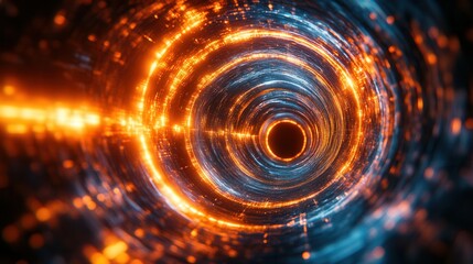 Obraz premium Swirling patterns of orange and blue emanate from a central point, creating a mesmerizing cosmic tunnel effect. The vibrant energy appears to spiral inward, evoking a sense of depth and mystery in a d