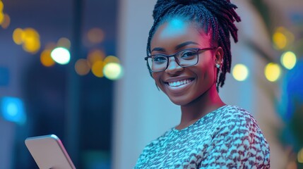 Black woman with tablet, smile and dashboard overlay for erp data innovation, research and programming in future technology. Futuristic analytics, IT management and startup business website software.