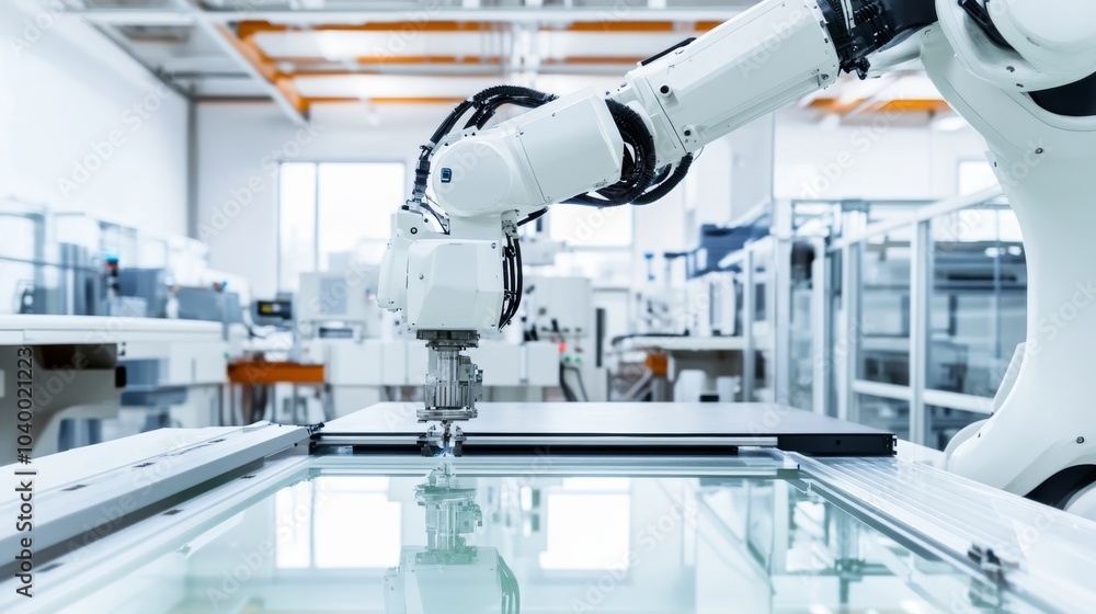 Poster A robot assisting with precision glass cutting in a high-tech optics lab with clean, organized cutting stations and advanced glass handling systems, Optics tech style