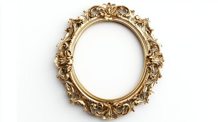 A magnificent gold oval frame adorned with intricate baroque details, suspended in a clean white atmosphere, highlighted by dramatic lighting to showcase its craftsmanship