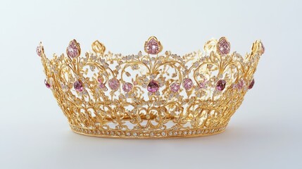 Fototapeta premium A magnificent golden crown featuring intricate filigree and pink diamonds, dramatically set against a stark white background, symbolizing royalty