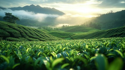tea plantation in the morning with rows of graceful green