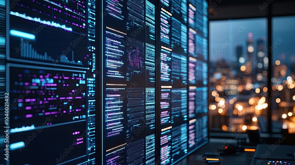 Poster high-tech data processing display in a modern office overlooking a city skyline.