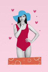 Vertical photo collage of happy girl show shh gesture secret wear swimsuit romance feelings heart...