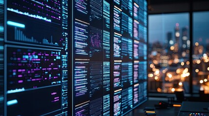 High-tech data processing display in a modern office overlooking a city skyline.
