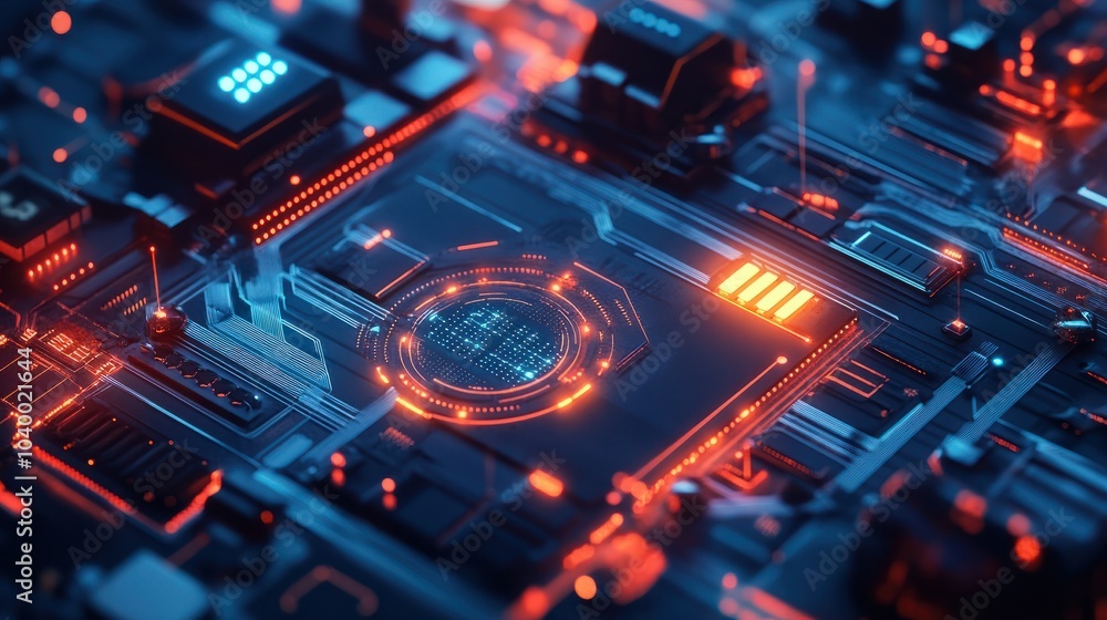 Poster blue digital technology background with mechanical elements and circuit board