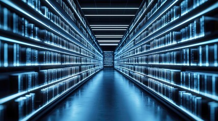 Futuristic data storage corridor with glowing shelves and illuminated atmosphere.