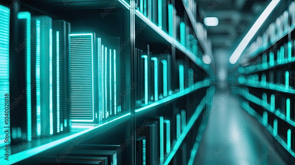 Poster rows of illuminated bookshelves in a modern library setting.
