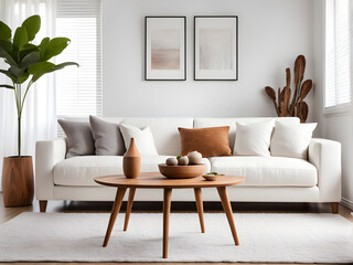 Obraz premium A modern living room interior featuring cozy, plush white sofas a wooden side table with decorative items, and minimalist decor. Home decor. Front view.
