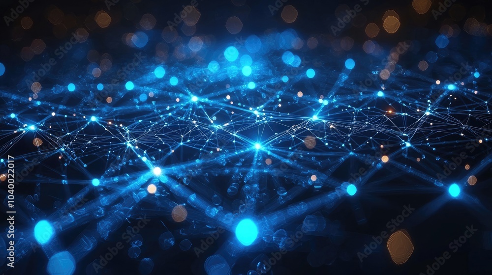 Poster abstract blue and orange bokeh background with connected lines and dots, representing a network, tec