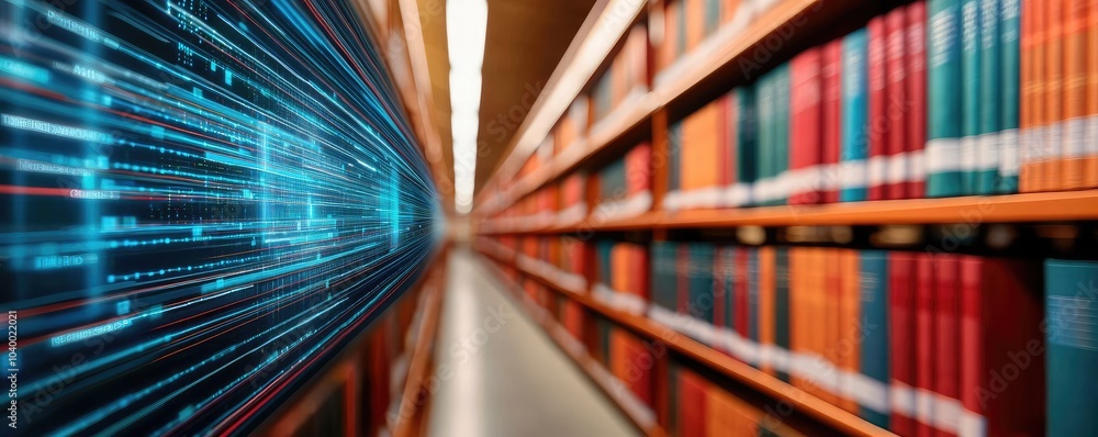 Poster library showcasing digital transformation with data streams, blurred books.