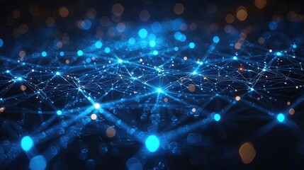 Fototapeta premium Abstract blue and orange bokeh background with connected lines and dots, representing a network, technology, or data.