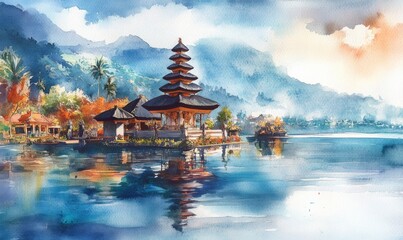 Watercolor Bali holiday tourism, Ulun Danu Bratan Water Temple Bali, Bali, Indonesia