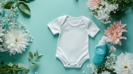 white baby bodysuit mockup on a teal background