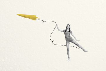 Photo collage image poster of cheerful happy crazy woman hold paper plane flying air isolated on...