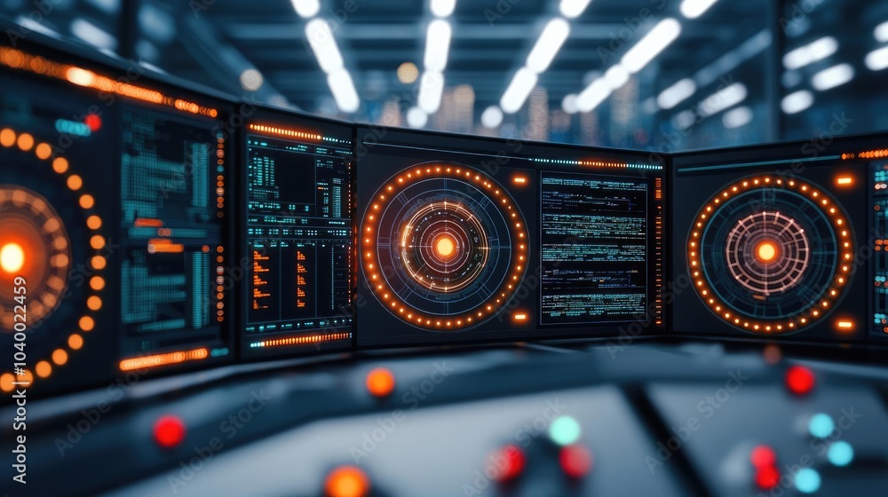Poster futuristic control panel with illuminated screens and data displays.