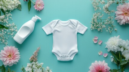 white baby bodysuit mockup on a teal background