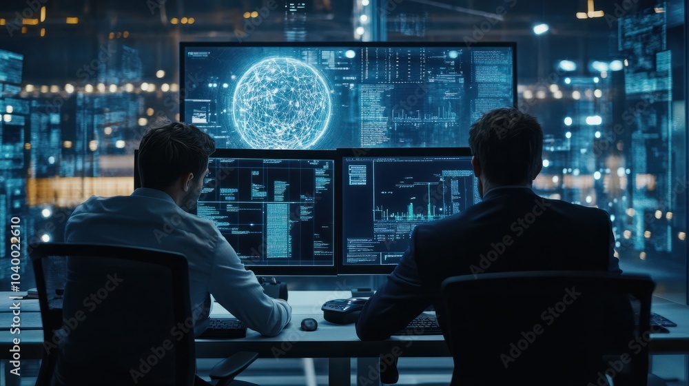 Poster business people analyze data and big data technology two businessmen calculate business analysis and