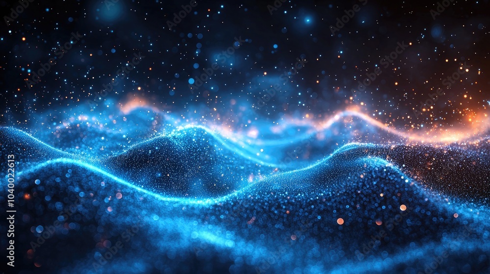Canvas Prints abstract blue and orange glowing particles moving in waves.
