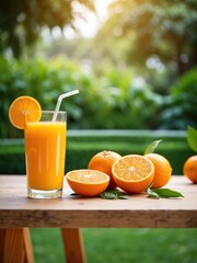 Naklejka premium ORANGE JUICE ON THE TABLE WITH A BEAUTIFUL VIEW