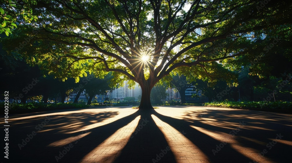 Poster sunlight shining through a large tree, casting intricate shadows on the ground.