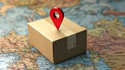 A red location pin sits on top of a cardboard box, placed on a map of Europe