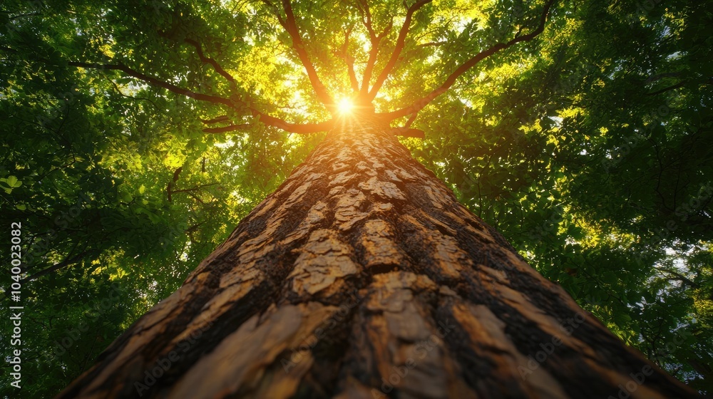 Poster sunlight filtering through a tall tree in a lush forest