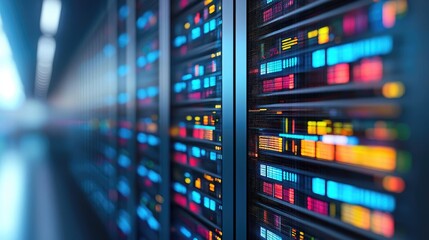 Colorful server racks in a modern data center, white isolated background.