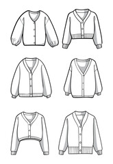 Black and white vector illustration of six distinct sweaters in clean line art