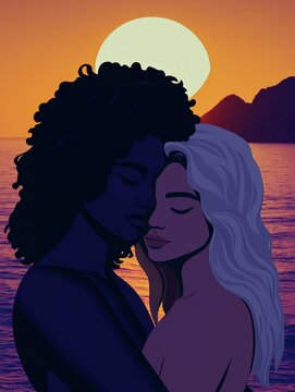 Intimate Embrace of Two Women at Sunset Over the Ocean. LGBTQ+ concept