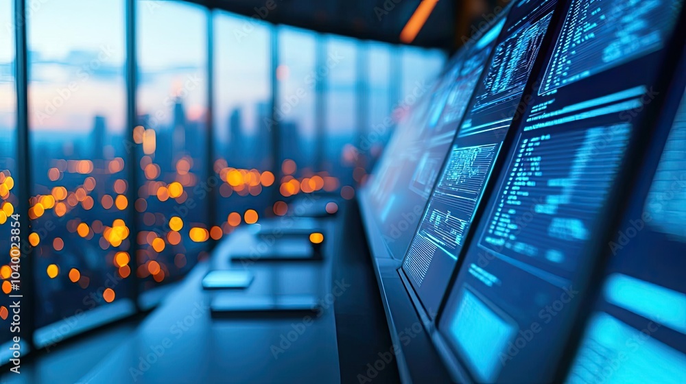 Poster control room displays with data analytics and city lights in the background.