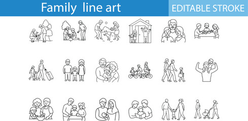 Family Line Art Illustrations Editable Stroke