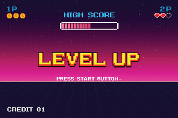 LEVEL UP. press start button. pixel art .8 bit game. retro game. for game assets in vector illustrations.