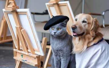 Cat and dog artists. A cat wearing a beret sits next to a dog, both looking at a blank canvas. This playful image represents the creative spirit and the bond between animals.
