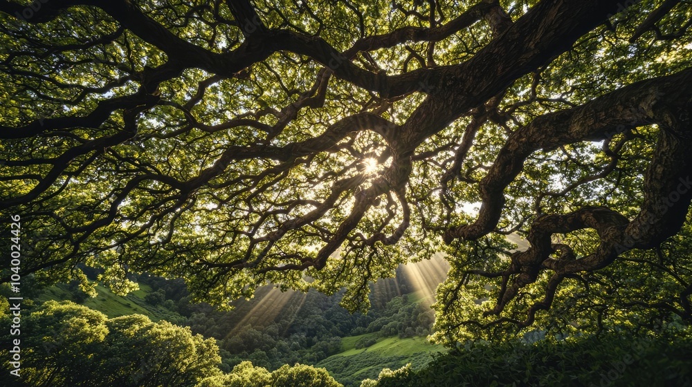 Poster sunlight filters through lush green tree branches in a serene natural setting.