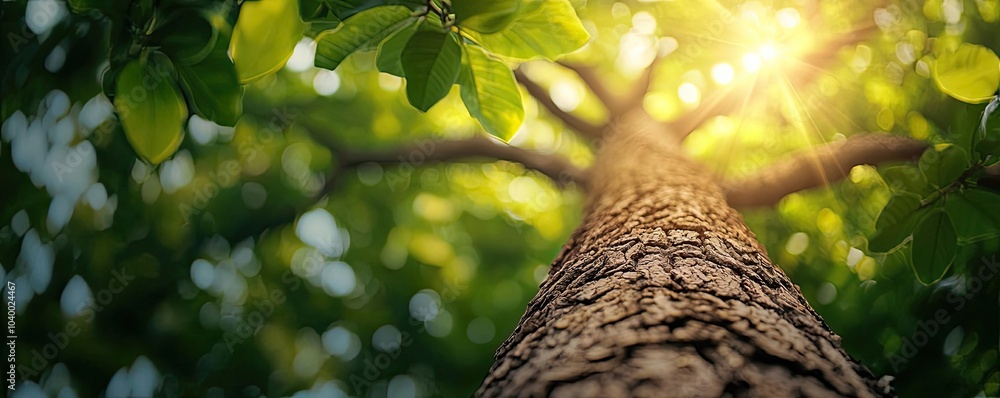 Poster tree trunk with green leaves and sunlight filtering through branches.
