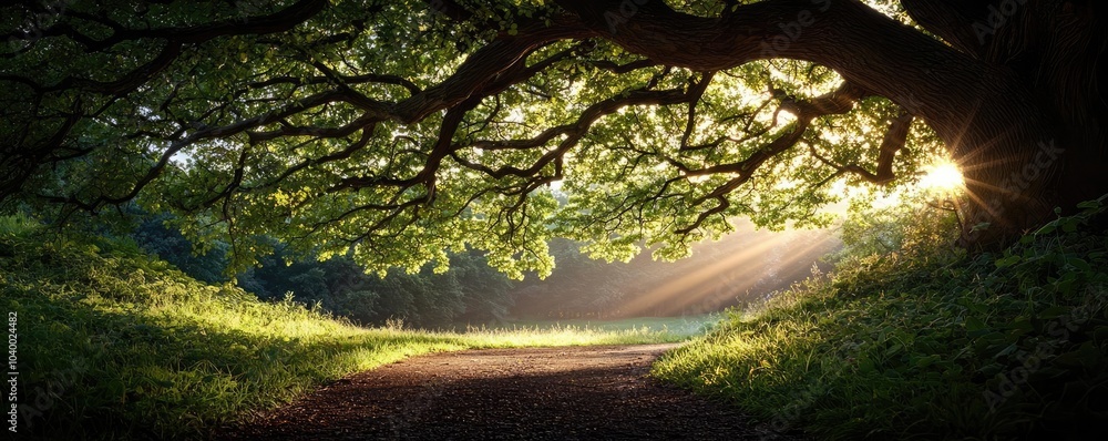 Poster sunlight filtering through the lush canopy of a serene forest path.