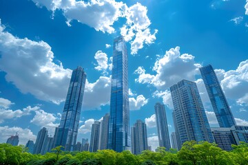 Stunning Urban Skyline Under a Bright Blue Sky with Fluffy Clouds