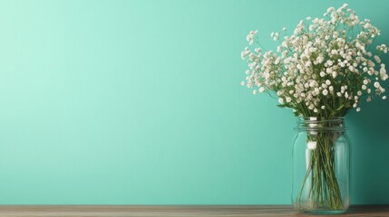 A charming bouquet of white flowers is displayed in a simple mason jar, set against a smooth teal wall, symbolizing peace and natural beauty.