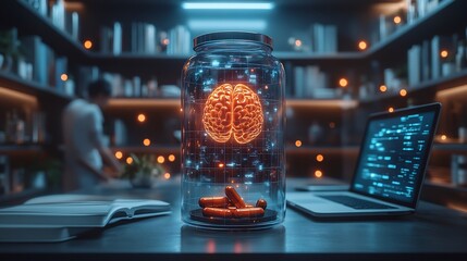 Modern workspace showing person taking a capsule with elements like books laptops and holographic brain metrics representing the theme of enhancing focus and concentration through nootropics