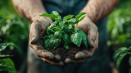 A touching scene of a farmer's hands holding a vibrant seedling with visible respect and care, representing agriculture's nurturing spirit and organic growth.